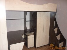 Детская кровать-чердак "Медвежонок" (+ стол, выкатная тумба, шкаф, лестница-ящик...